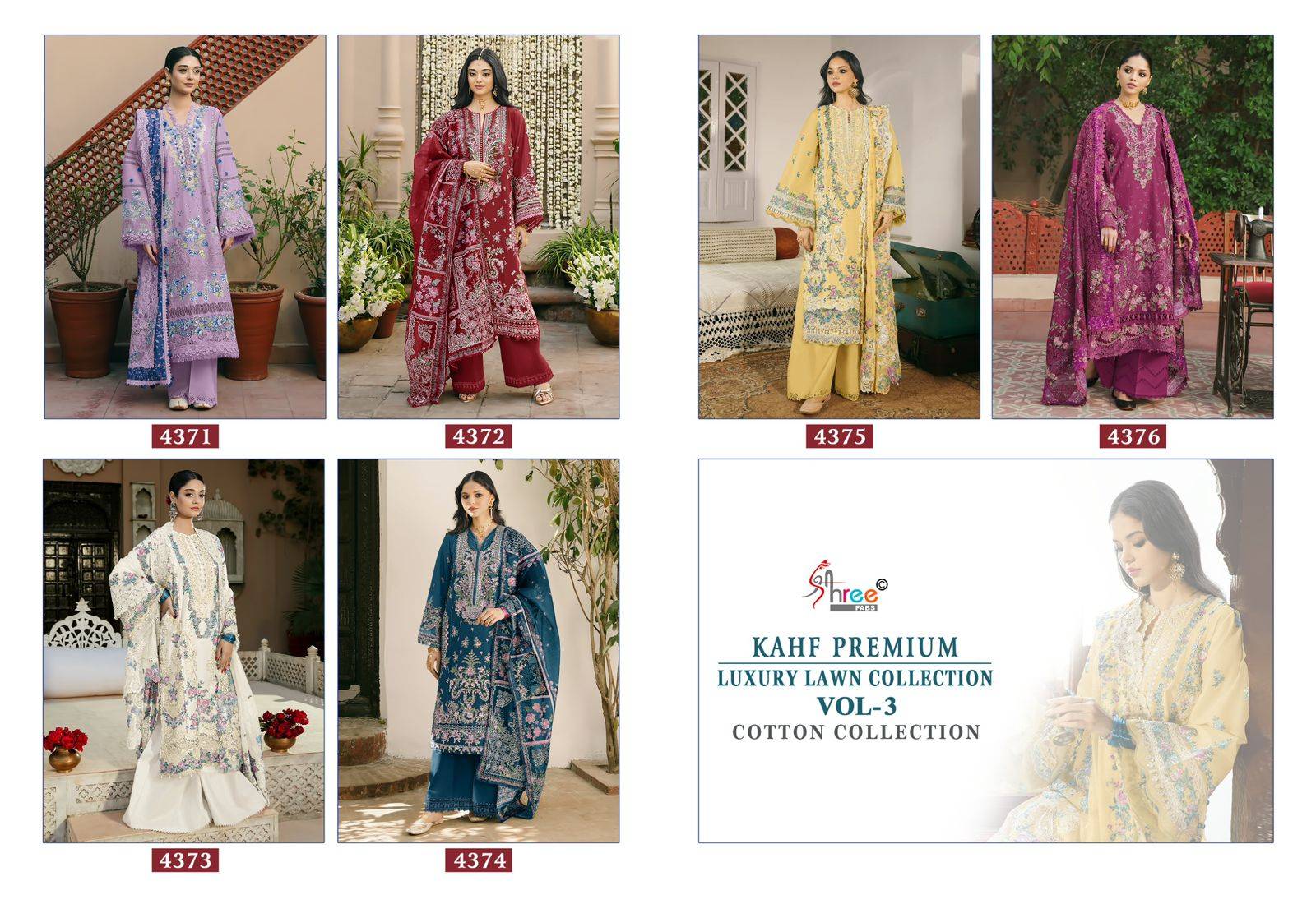  KAHF PREMIUM LUXURY LAWN COLLECTION VOL-3 BY Shree Fabs 4371 TO 4376 SERIES Pakistani Stylish Embroidered Pure cotton Dresses At Wholesale Price